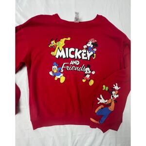Vintage Disney “Mickey and Friends” Red Sweatshirt – Goofy Sleeve Print!